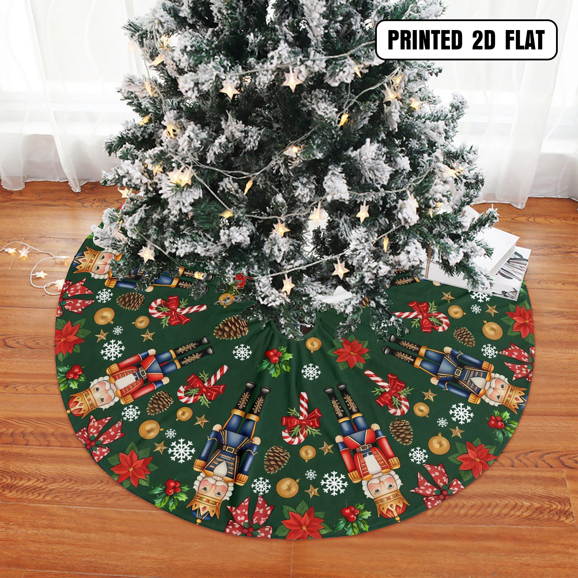 Nutcracker Green Poinsettia Holiday Decor Festive Snowflakes Christmas Tree Skirt
