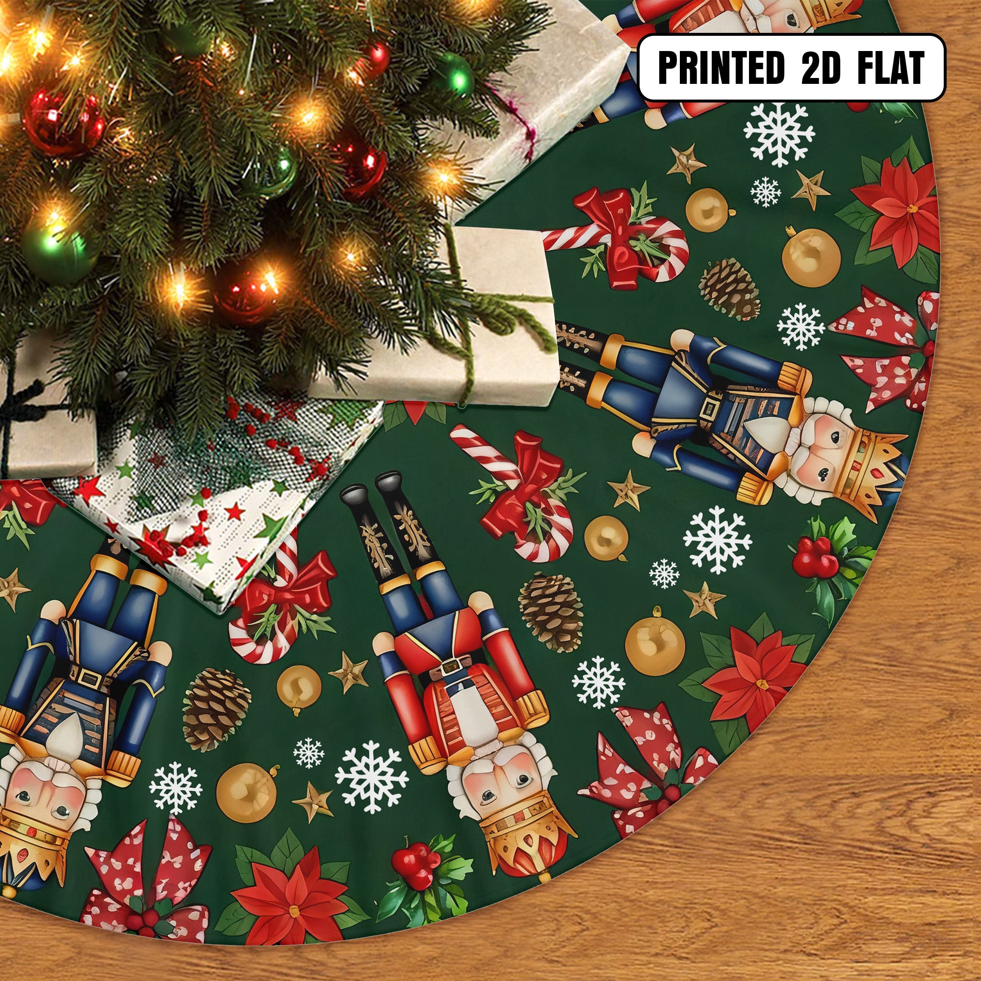 Nutcracker Green Poinsettia Holiday Decor Festive Snowflakes Christmas Tree Skirt