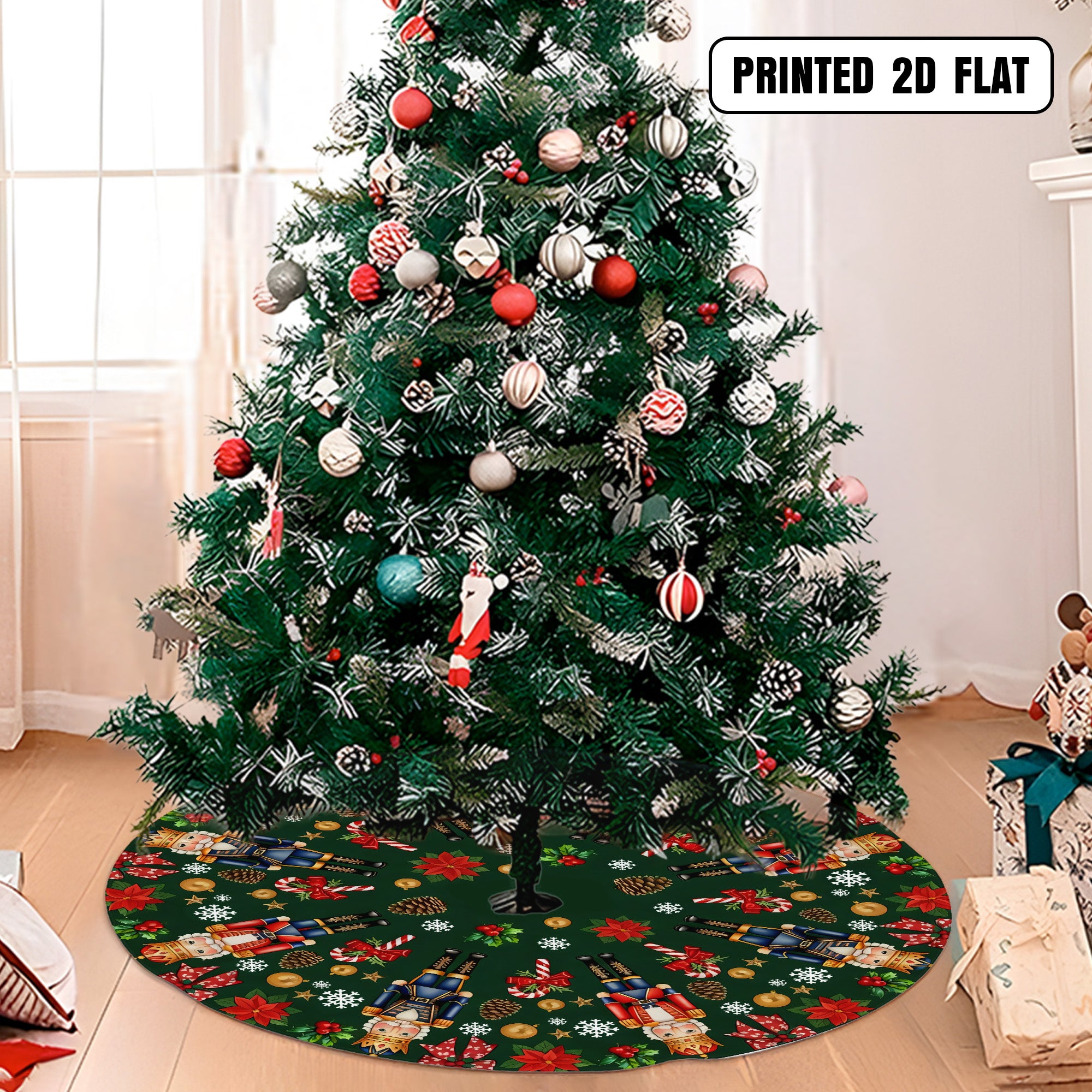 Nutcracker Green Poinsettia Holiday Decor Festive Snowflakes Christmas Tree Skirt