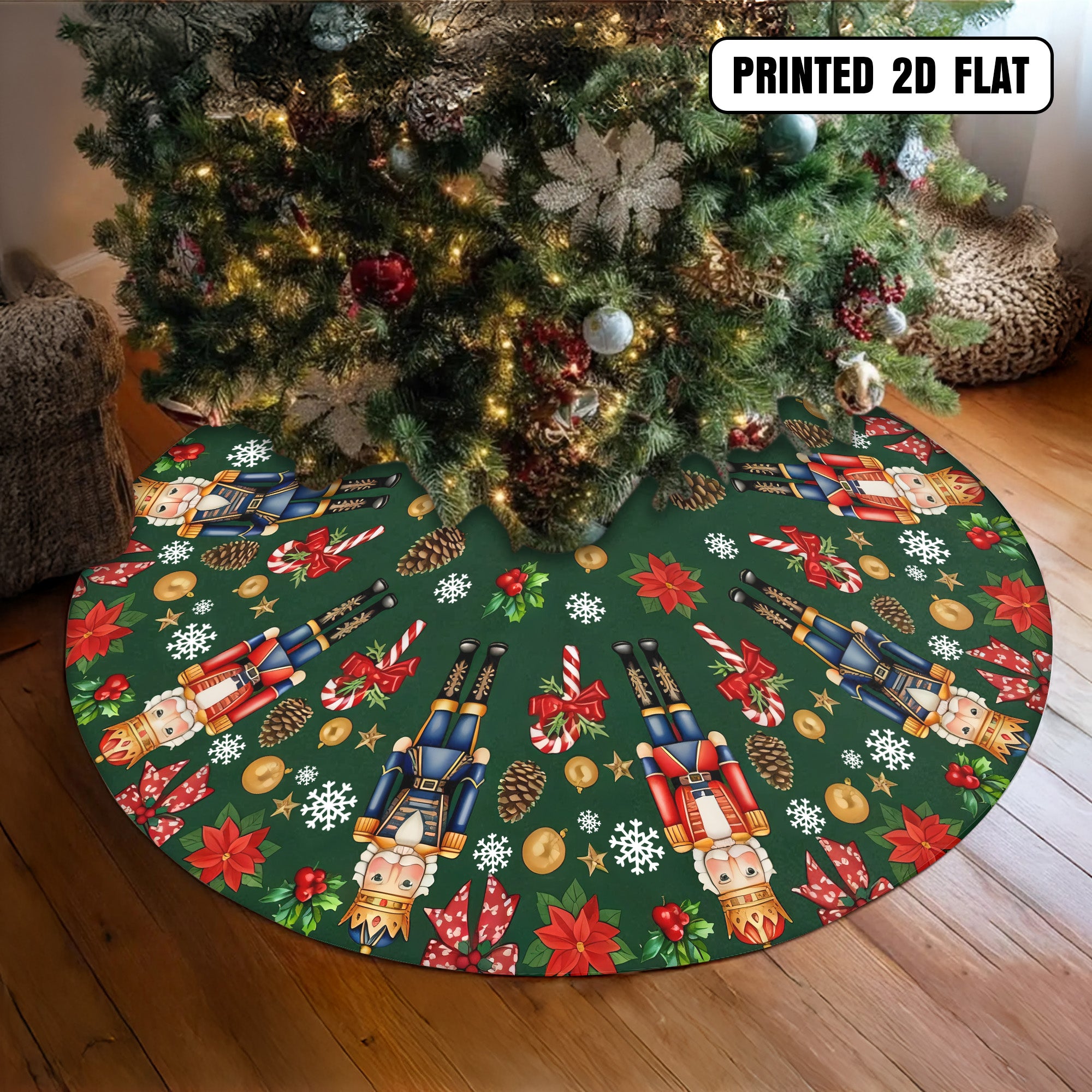 Nutcracker Green Poinsettia Holiday Decor Festive Snowflakes Christmas Tree Skirt