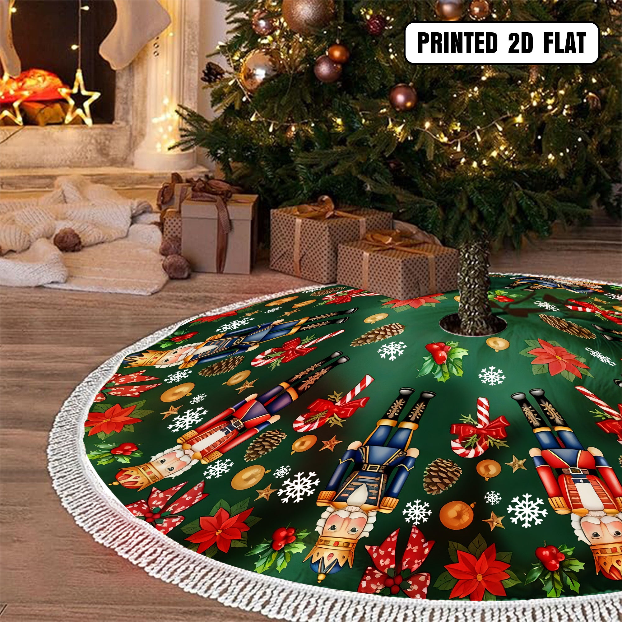 Nutcracker Green Poinsettia Holiday Decor Festive Snowflakes Christmas Tree Skirt