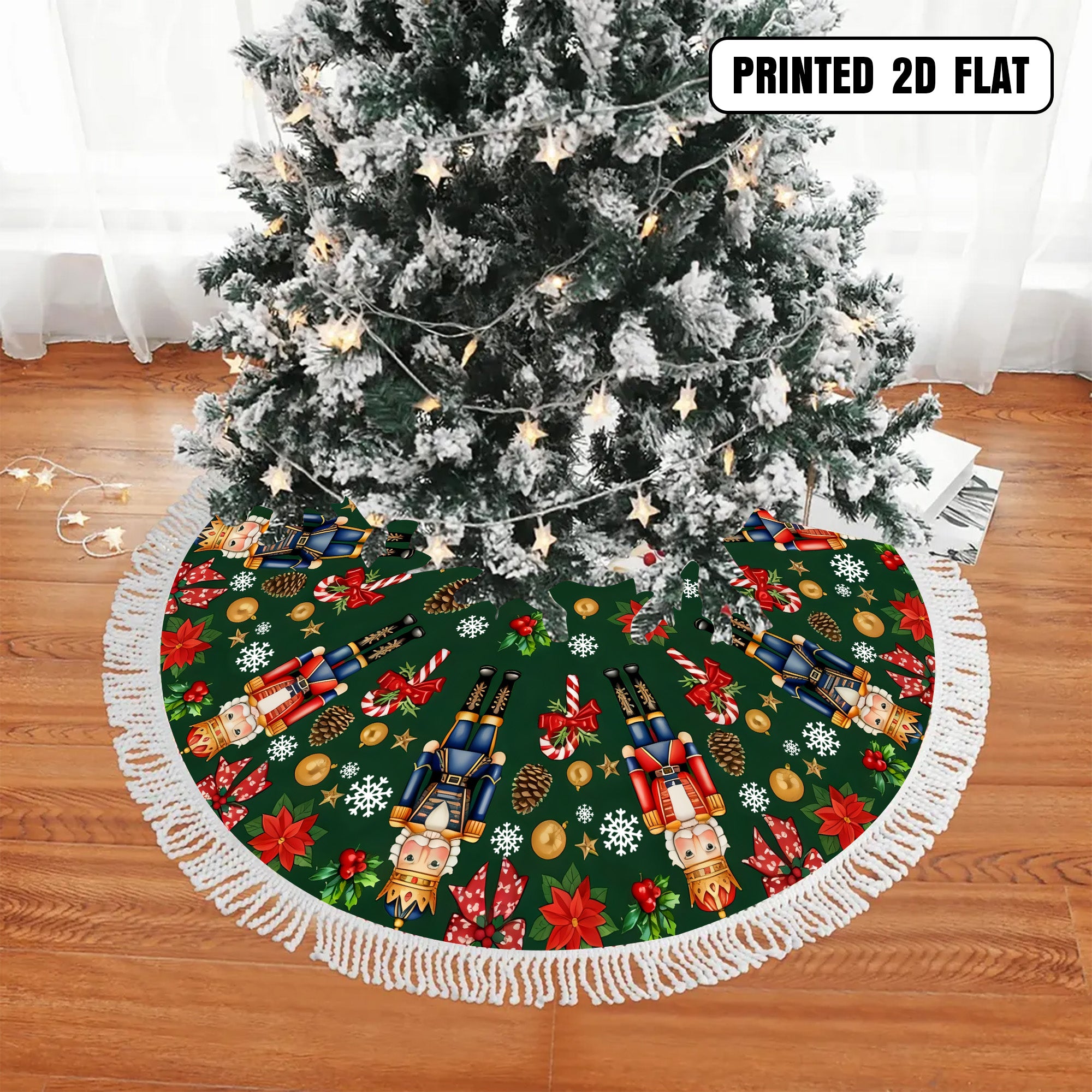 Nutcracker Green Poinsettia Holiday Decor Festive Snowflakes Christmas Tree Skirt