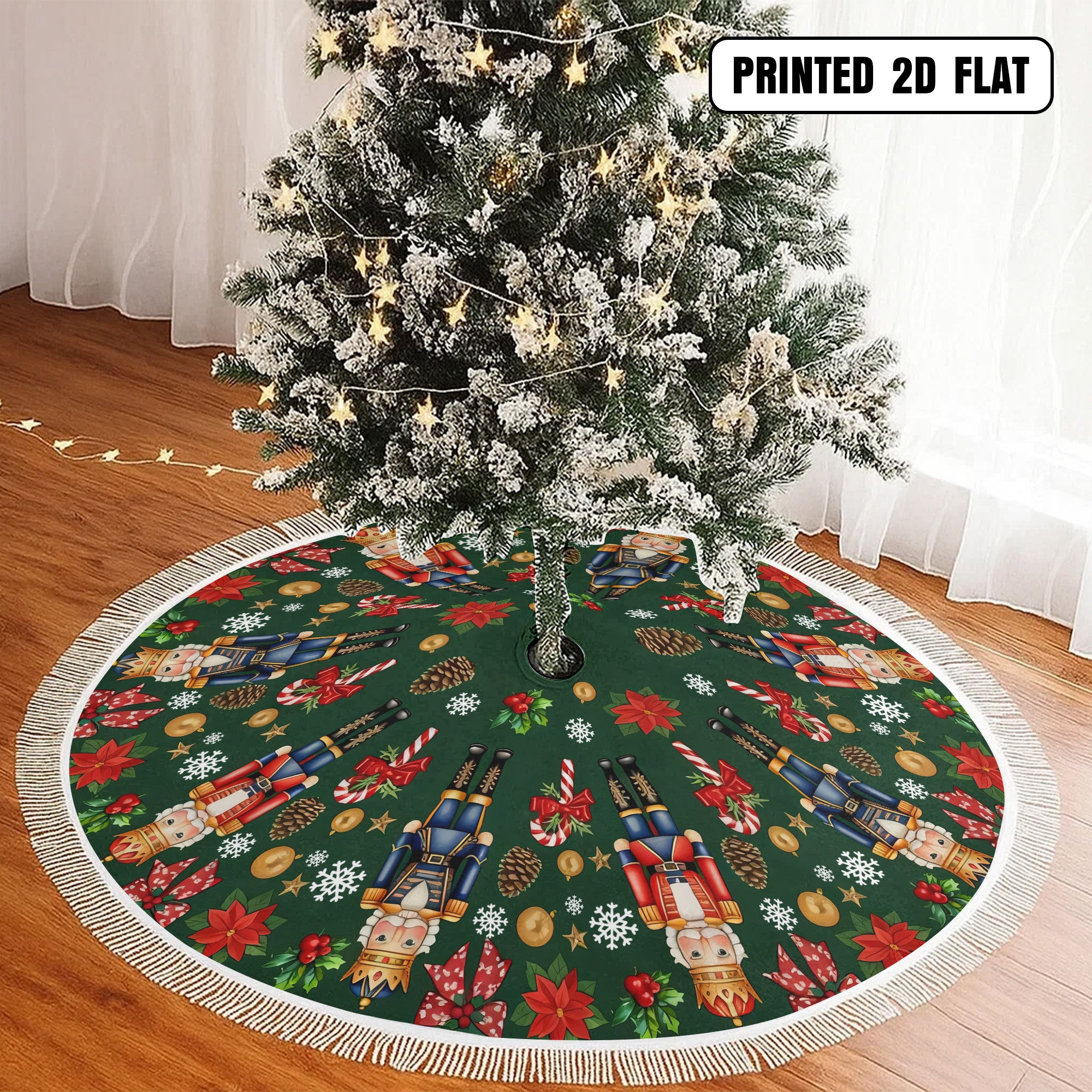 Nutcracker Green Poinsettia Holiday Decor Festive Snowflakes Christmas Tree Skirt
