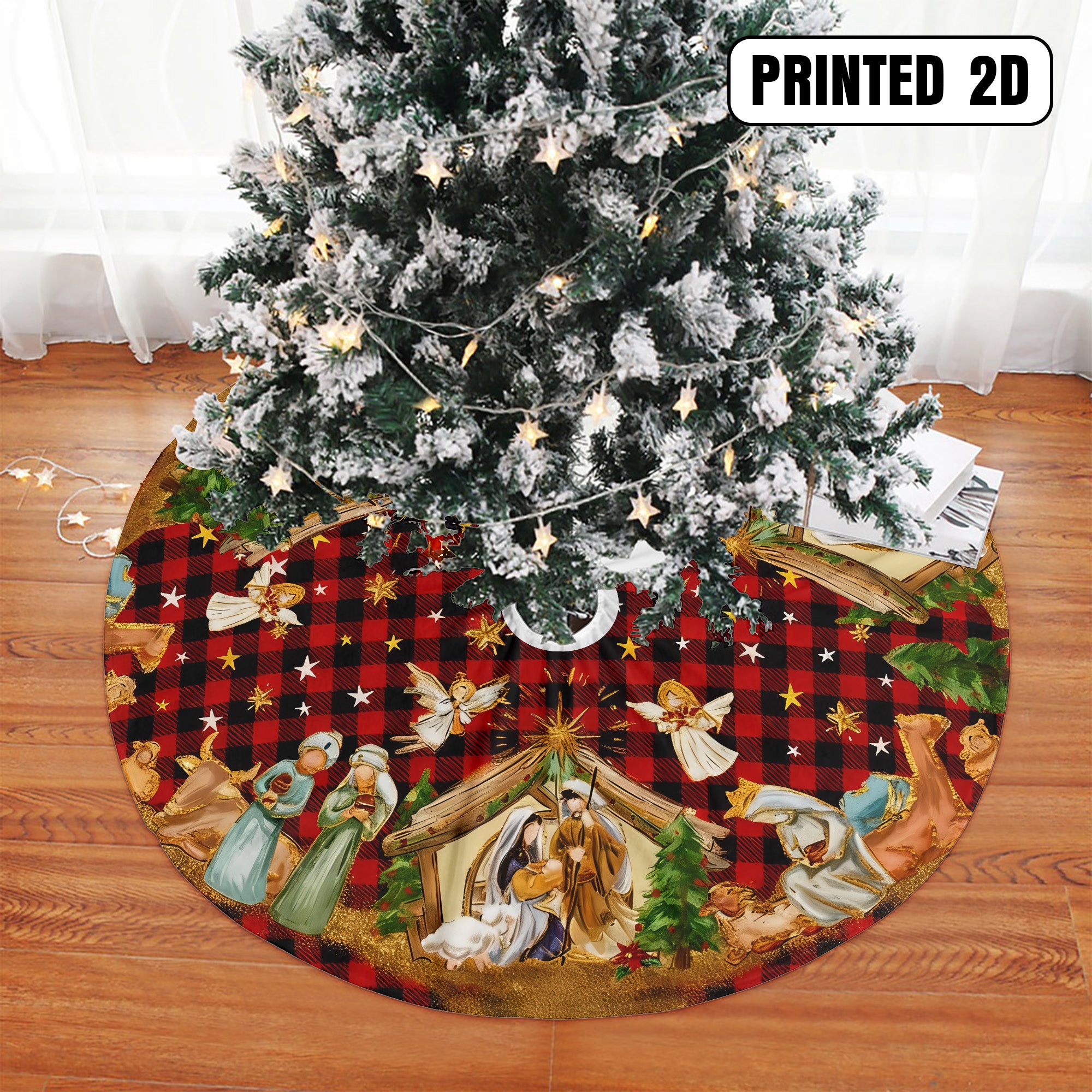 Jesus Nativity Scene Angels Stars Holy Family Holiday Decor Christmas Tree Skirt