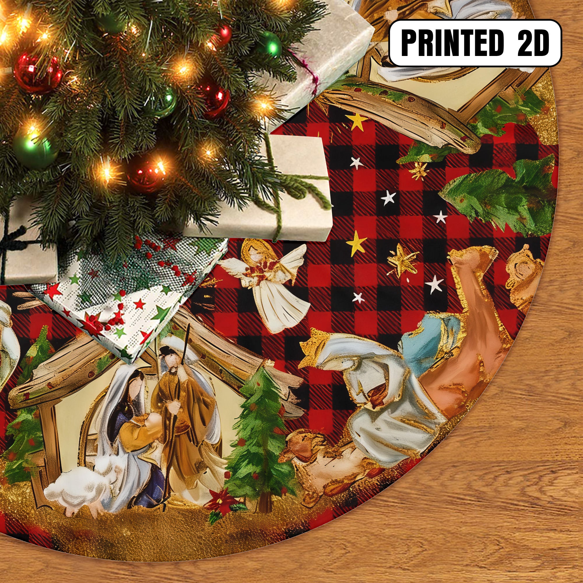 Jesus Nativity Scene Angels Stars Holy Family Holiday Decor Christmas Tree Skirt