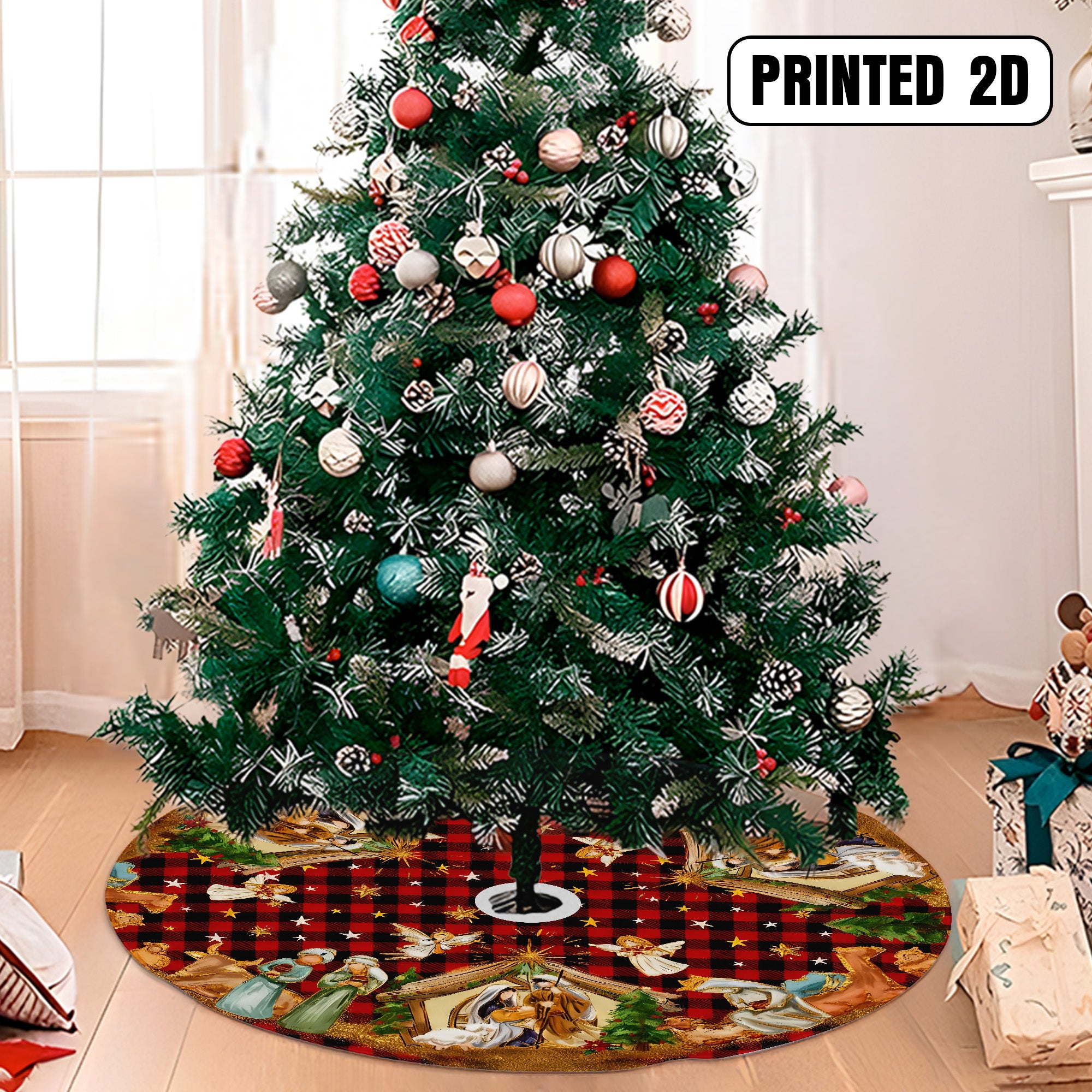 Jesus Nativity Scene Angels Stars Holy Family Holiday Decor Christmas Tree Skirt