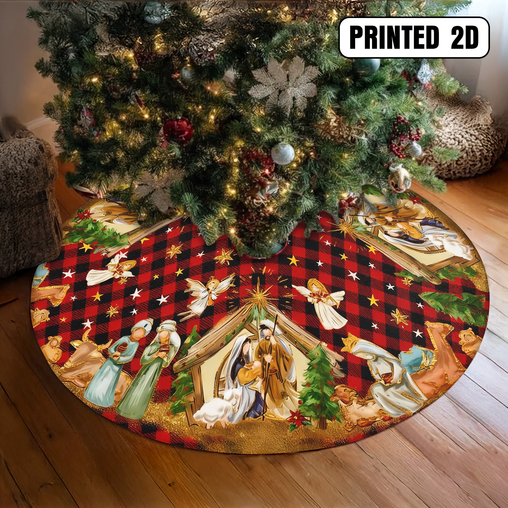 Jesus Nativity Scene Angels Stars Holy Family Holiday Decor Christmas Tree Skirt