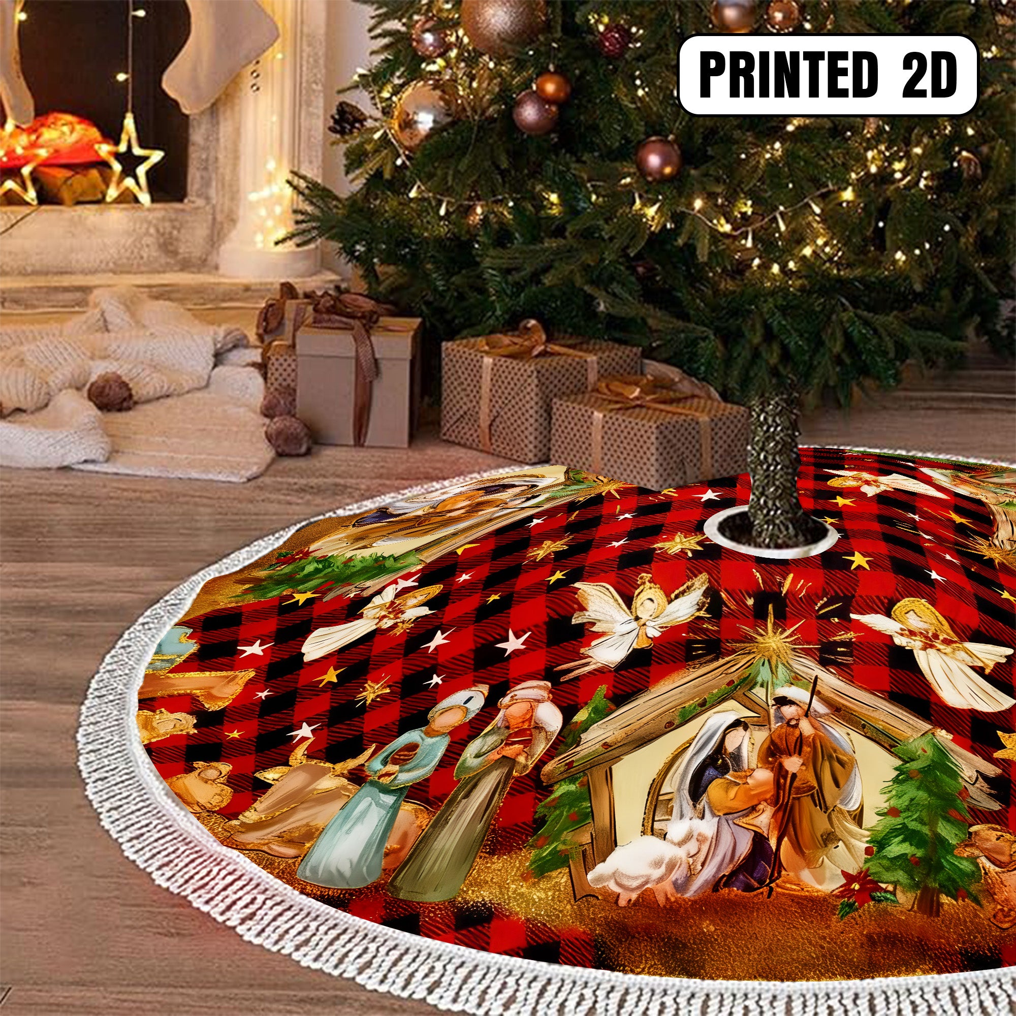 Jesus Nativity Scene Angels Stars Holy Family Holiday Decor Christmas Tree Skirt