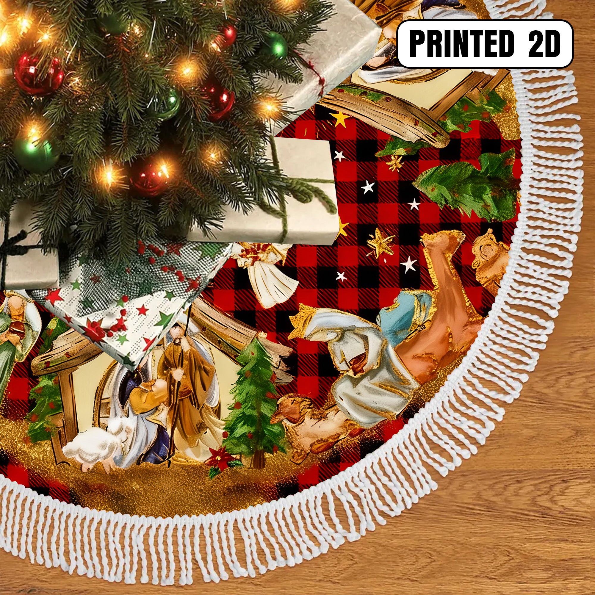 Jesus Nativity Scene Angels Stars Holy Family Holiday Decor Christmas Tree Skirt