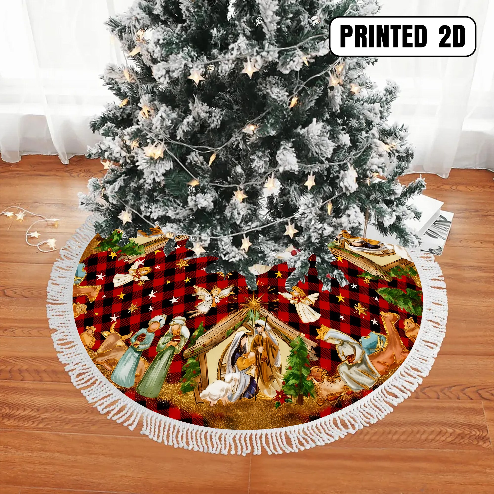 Jesus Nativity Scene Angels Stars Holy Family Holiday Decor Christmas Tree Skirt