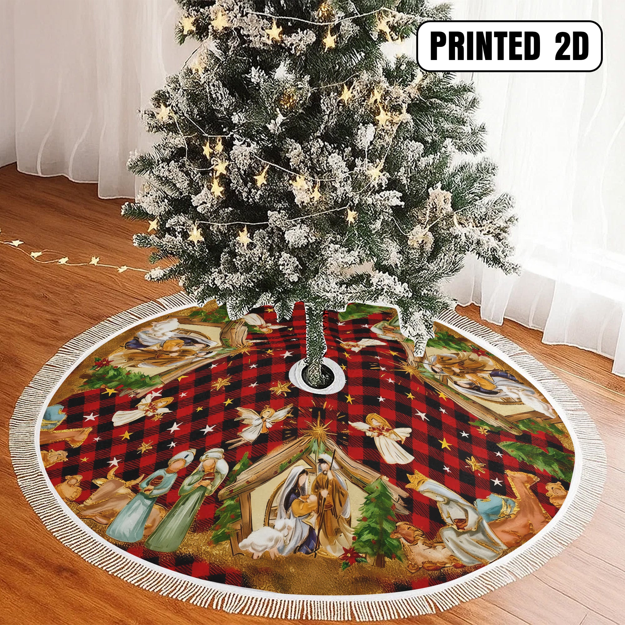 Jesus Nativity Scene Angels Stars Holy Family Holiday Decor Christmas Tree Skirt