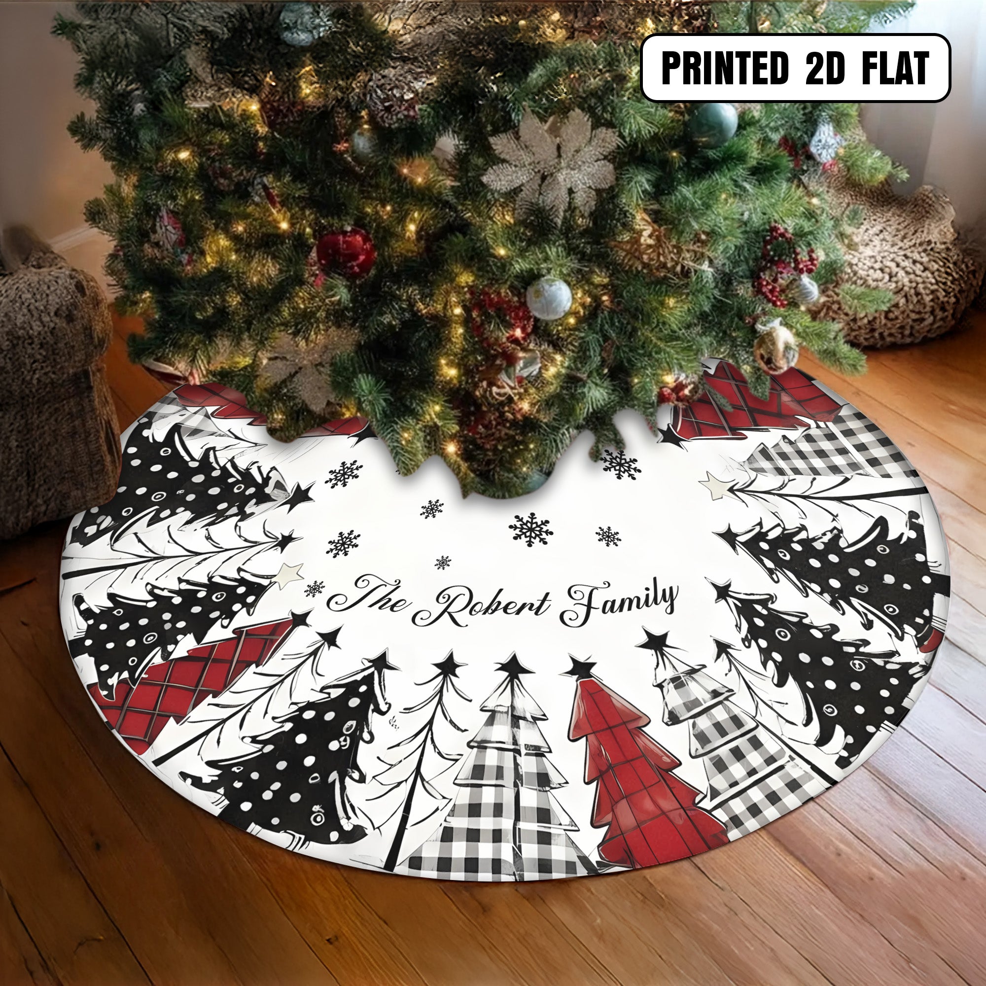 Red Black White Christmas Tree with Snowflakes Home Decor  Personalized Christmas Tree Skirt