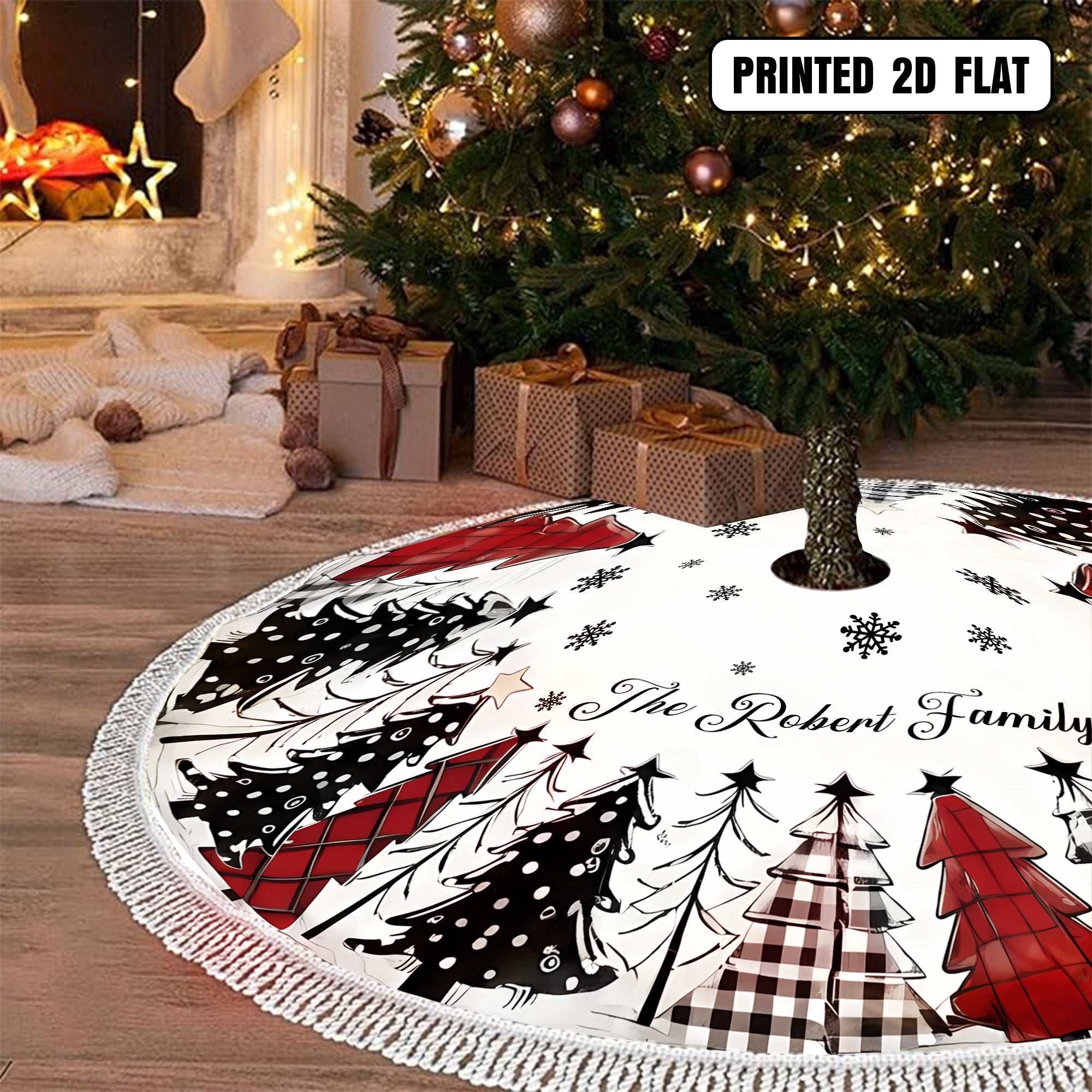 Red Black White Christmas Tree with Snowflakes Home Decor  Personalized Christmas Tree Skirt